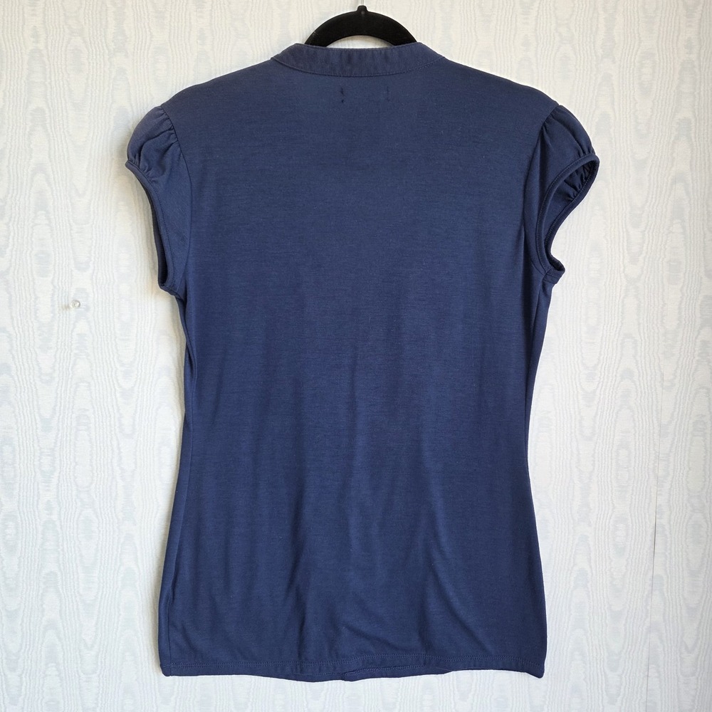 Vtg Y2K Women's L Susie Rose Blouse Cap Puff Sleeve Ruffle Front V Neck Navy - Picture 3 of 8